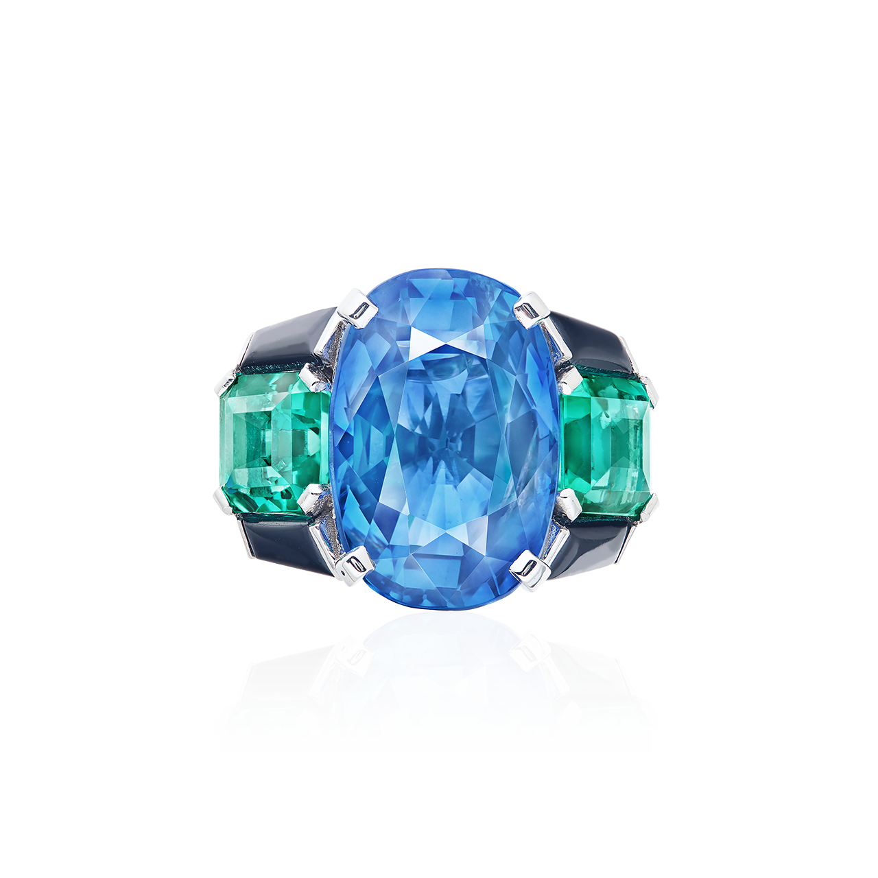 14.94克拉 斯里蘭卡天然無燒藍寶與哥倫比亞無油祖母綠戒指
Blue Sapphire from Sri Lanka 
and Colombian Emerald Ring