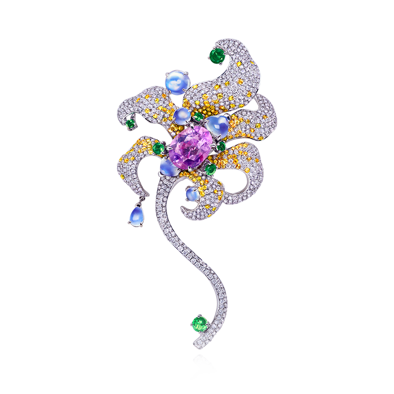 GRS 天然無燒紫剛與彩寶鑽石胸針 5.32克拉
Pinkish Purple Sapphire, Multi - 
Colored Gemstone and
Diamond Brooch