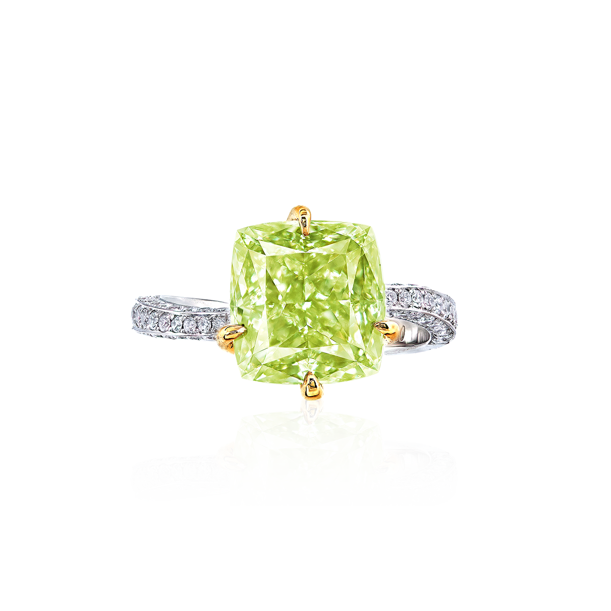 GIA 5.16 克拉 濃彩黃綠彩鑽鑽戒
FANCY INTENSE YELLOW-GREEN 
DIAMOND AND DIAMOND RING
