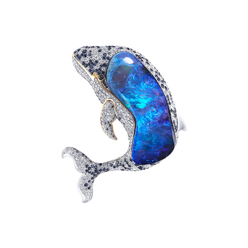蛋白石鯨魚藍寶鑽石胸針 91.856克拉
Opal、 Sapphire And Diamond
Brooch