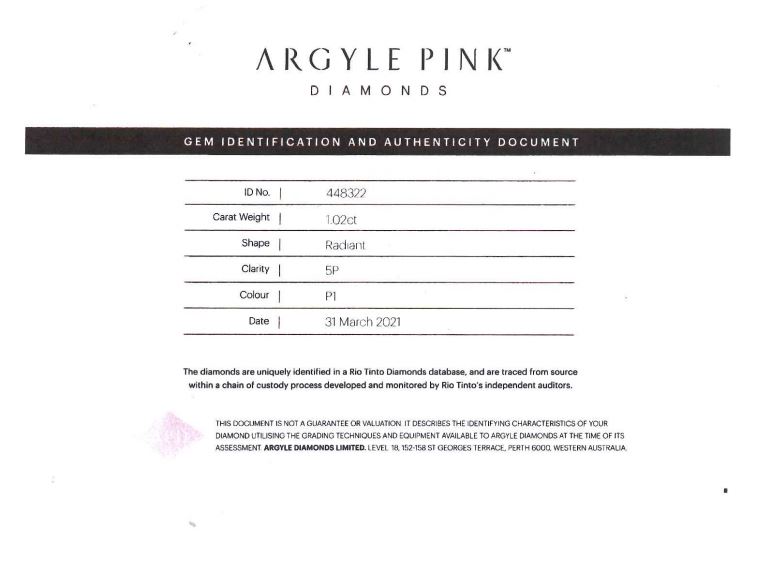 1.02克拉 阿蓋爾粉鑽戒
Pink Diamond from Argyle Mine
and Diamond Ring