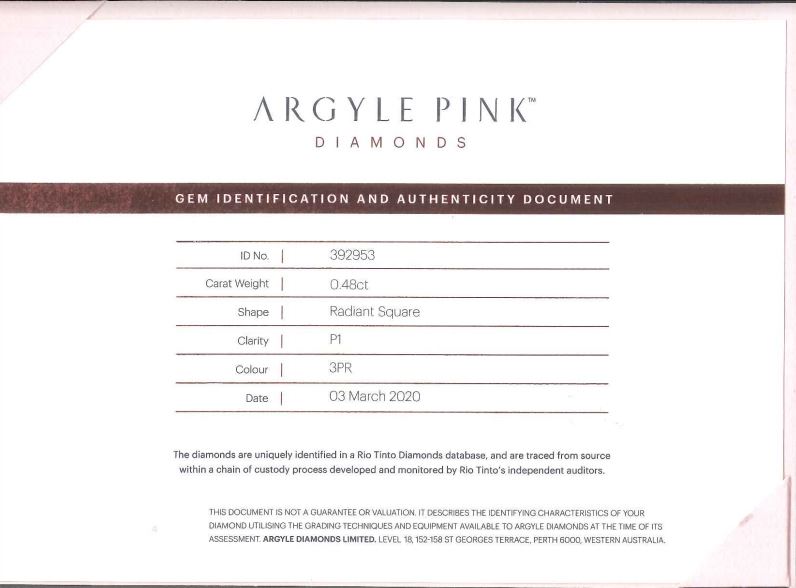 阿蓋爾粉鑽鑽戒 0.48克拉
Pink Diamond from Argyle Mine
and diamond Ring 
