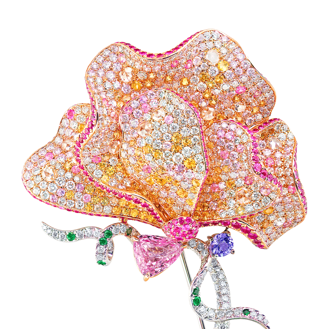 5.09CT沙弗萊 蝴蝶花造型鑽石胸針
Tsavorite, Multi - Colored Gemstone and Diamond Brooch