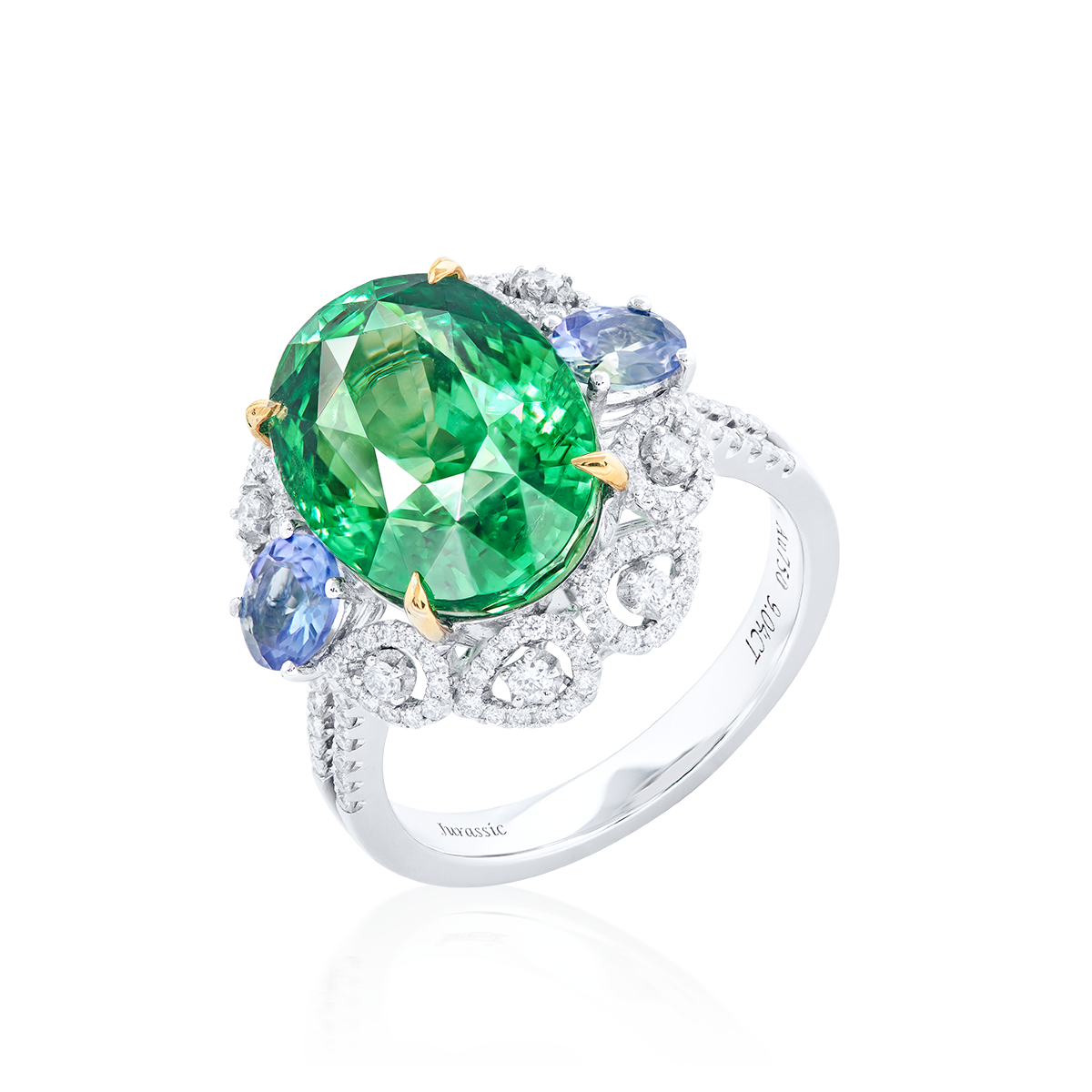 9.04克拉 艷彩沙弗萊鑽戒
Vivid Green Tsavorite Garnet 
and Diamond Ring