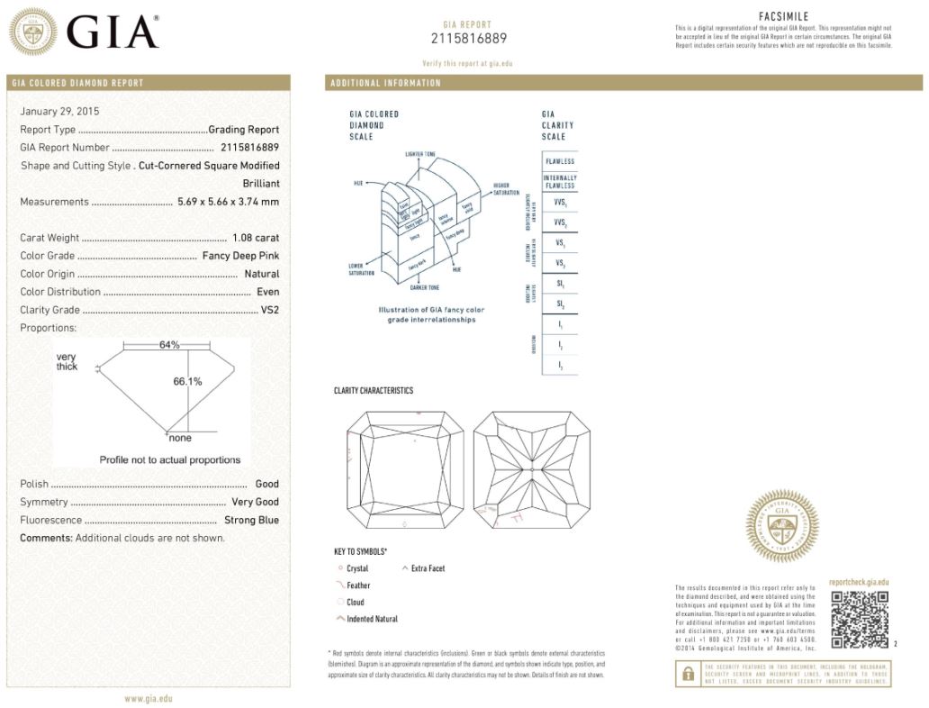 GIA 1.08克拉 深彩粉彩鑽鑽石戒
FANCY DEEP PINK COLOURED DIAMOND 
AND DIAMOND RING
