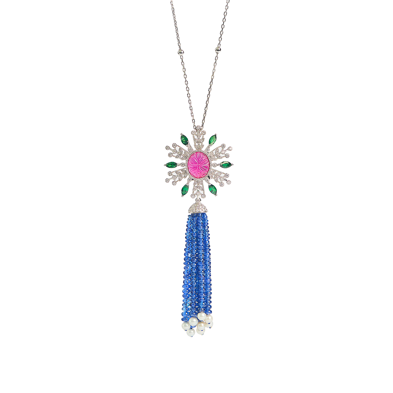 GSA 紅寶碧璽造型墜鍊 3.35克拉
Carved Rubellite, Multi -
Colored Gemstone And
Diamond Pendant Necklace