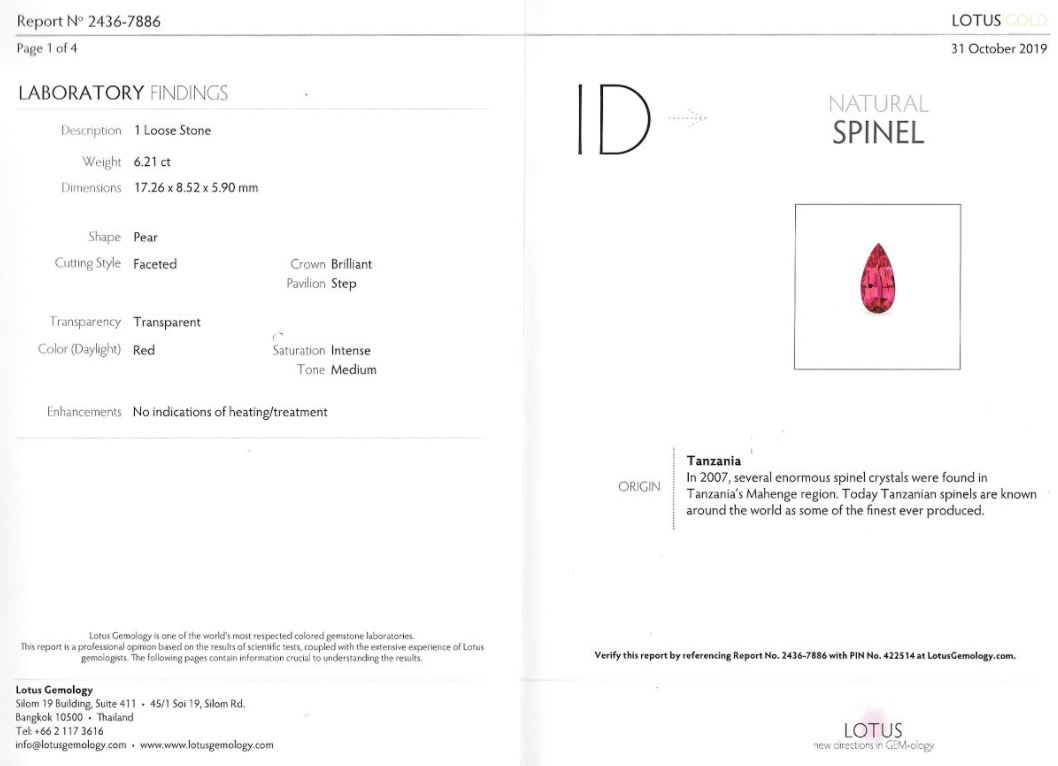 6.21克拉 坦尚尼亞天然無燒馬亨蓋深彩紅色尖晶石裸石
Unmounted Tanzania Mahenge 
Intense Red Spinel