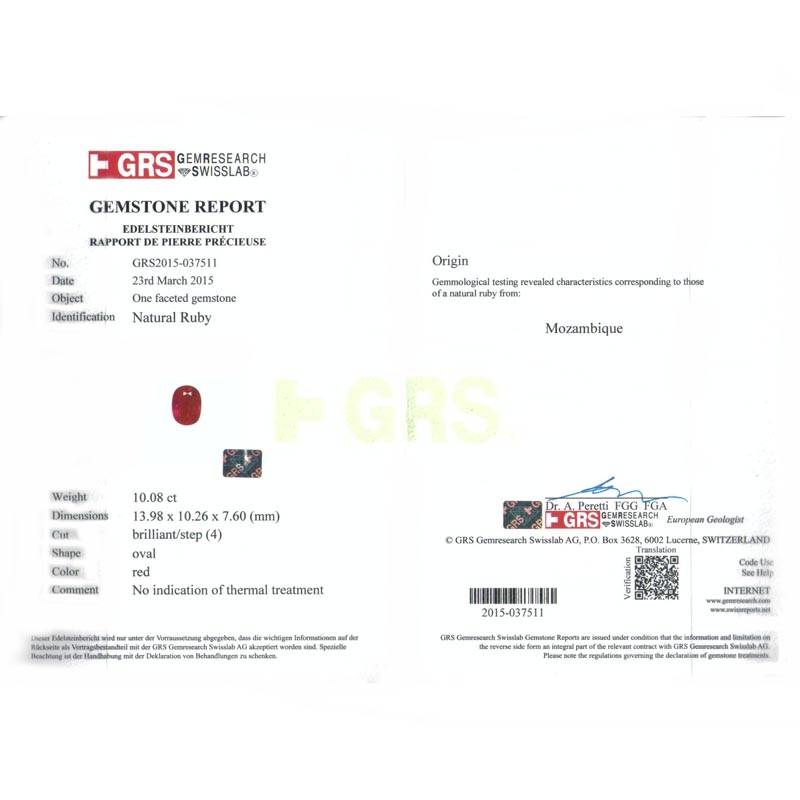 GRS 無燒紅寶戒 10.08 克拉
