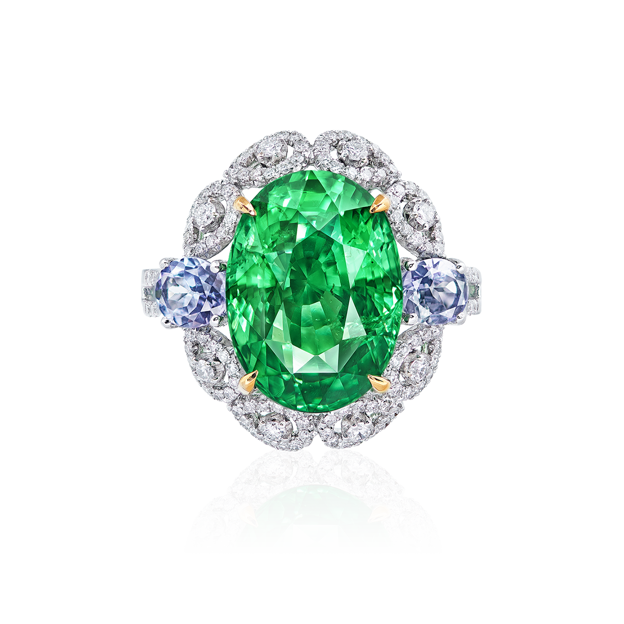 9.04克拉 艷彩沙弗萊鑽戒
Vivid Green Tsavorite Garnet 
and Diamond Ring