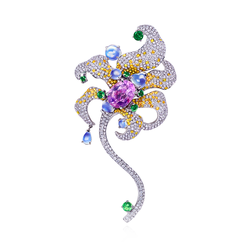 GRS 天然無燒紫剛與彩寶鑽石胸針 5.32克拉
Pinkish Purple Sapphire, Multi - 
Colored Gemstone and
Diamond Brooch